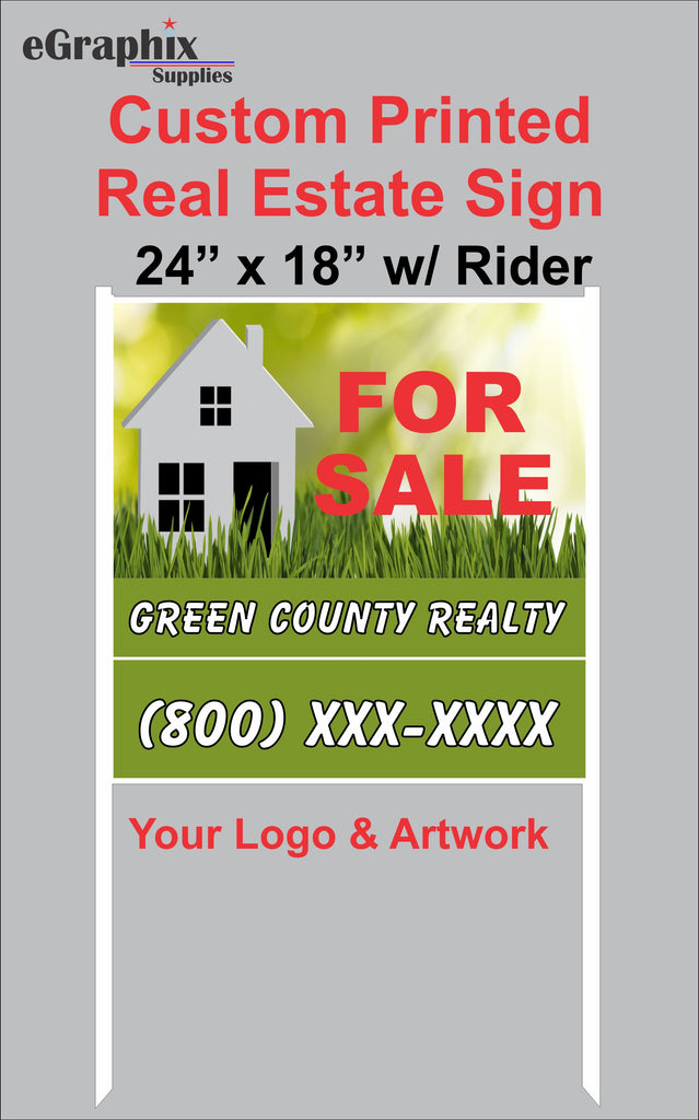 Custom Print Aluminum Sign, 24" x 18" with 24" x 6" Rider, on Black or White H Metal Frame